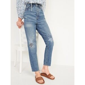 NEW Old Navy Higher High-Waisted Button-Fly Straight Patchwork Non-Stretch Jeans